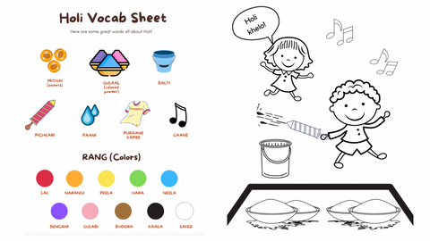 Holi Coloring Sheet, Holi Vocabulary