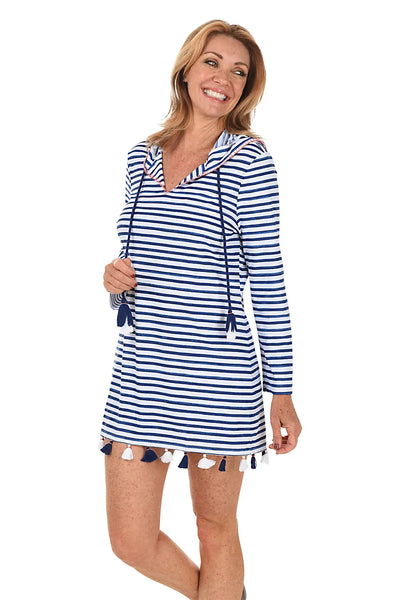 Val wearing a blue and white striped cover-up by Cabana Life