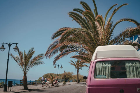 pink van parked at beach