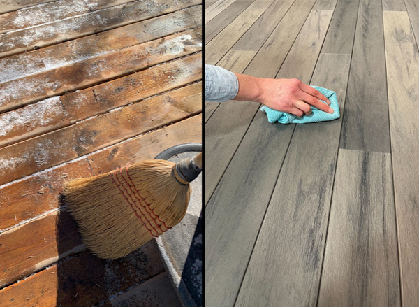 Left image is of a wood deck being swept with a broom. Right image is LANAI decking being wiped off with a grey cloth