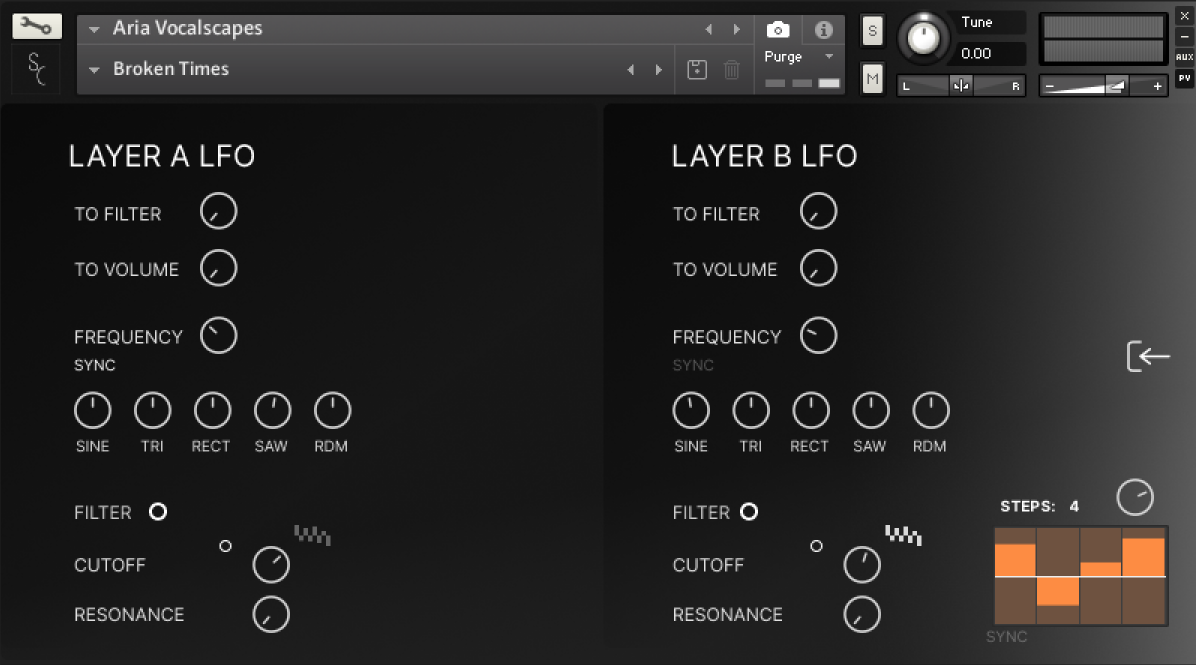 Aria Vocalscapes Step Sequencers, Filters and LFOs GUI.pn