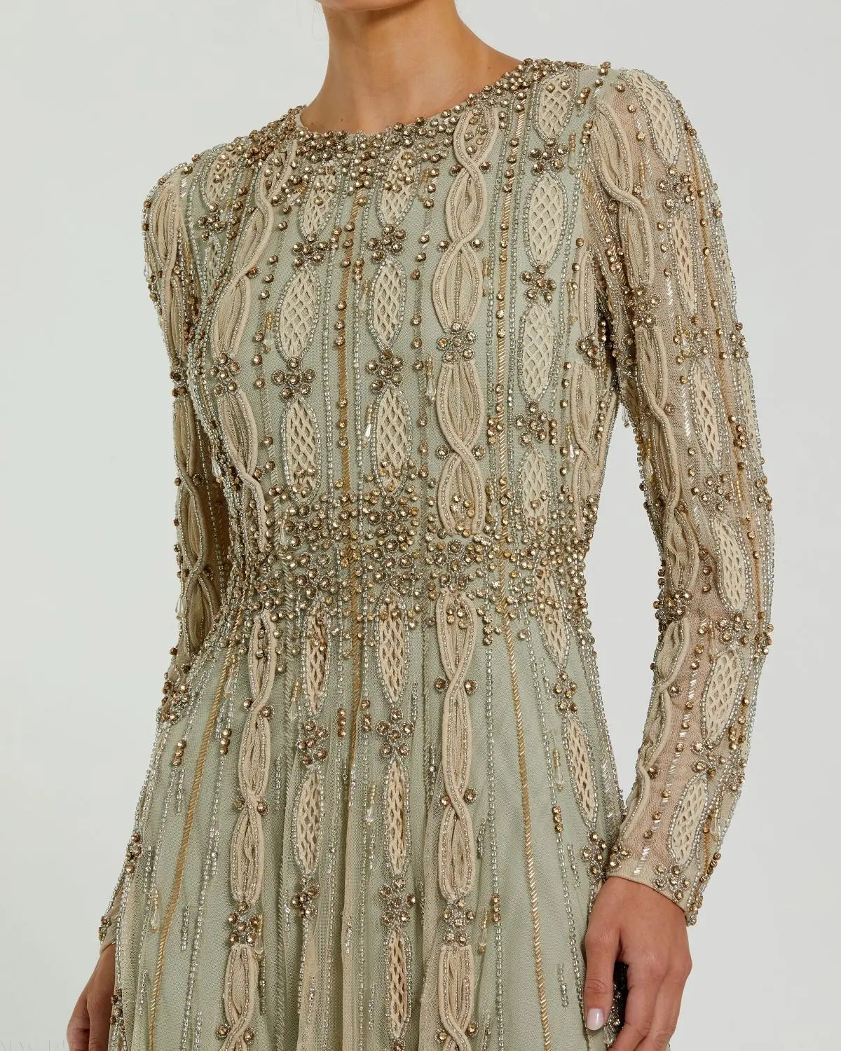 Green Embellished Mesh Long Sleeve A Line Gown - Mac Duggal
