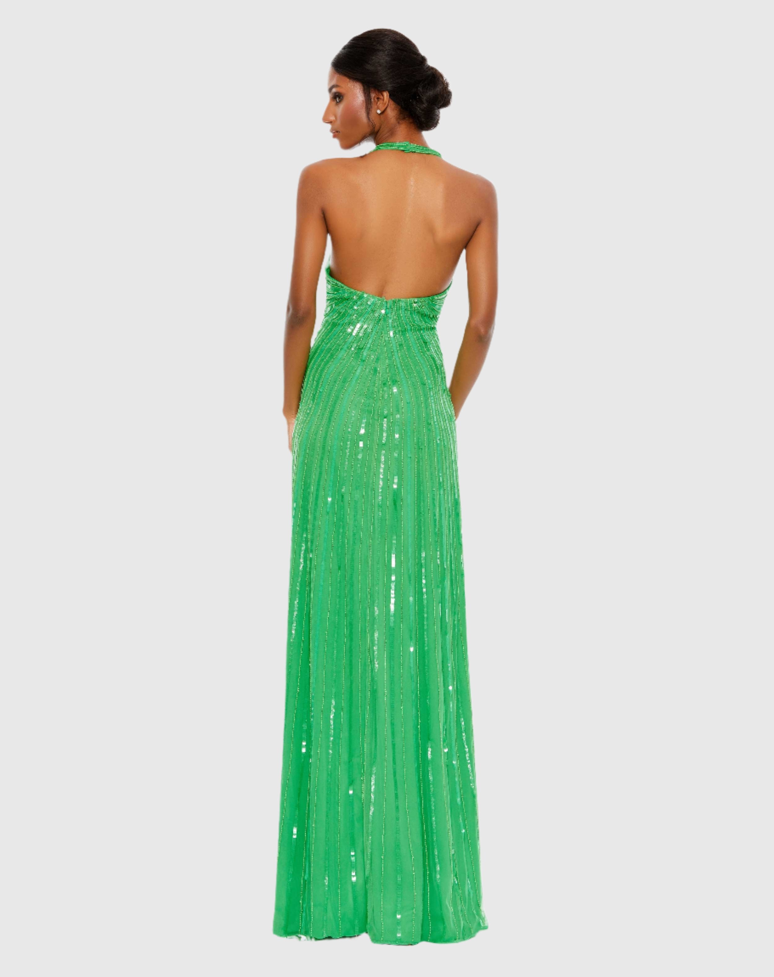 Sequin Halter Open Back Gown With Feathers in Seafoam Blue and Green