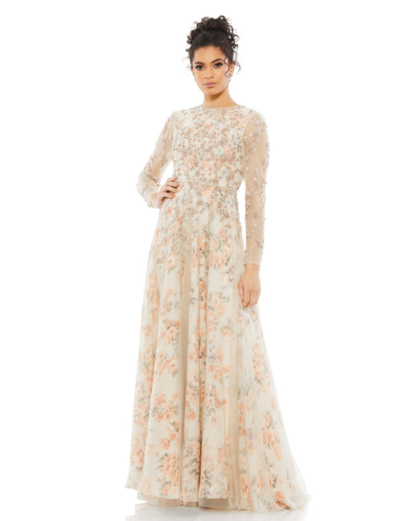 Floral Beaded Long Sleeve Gown