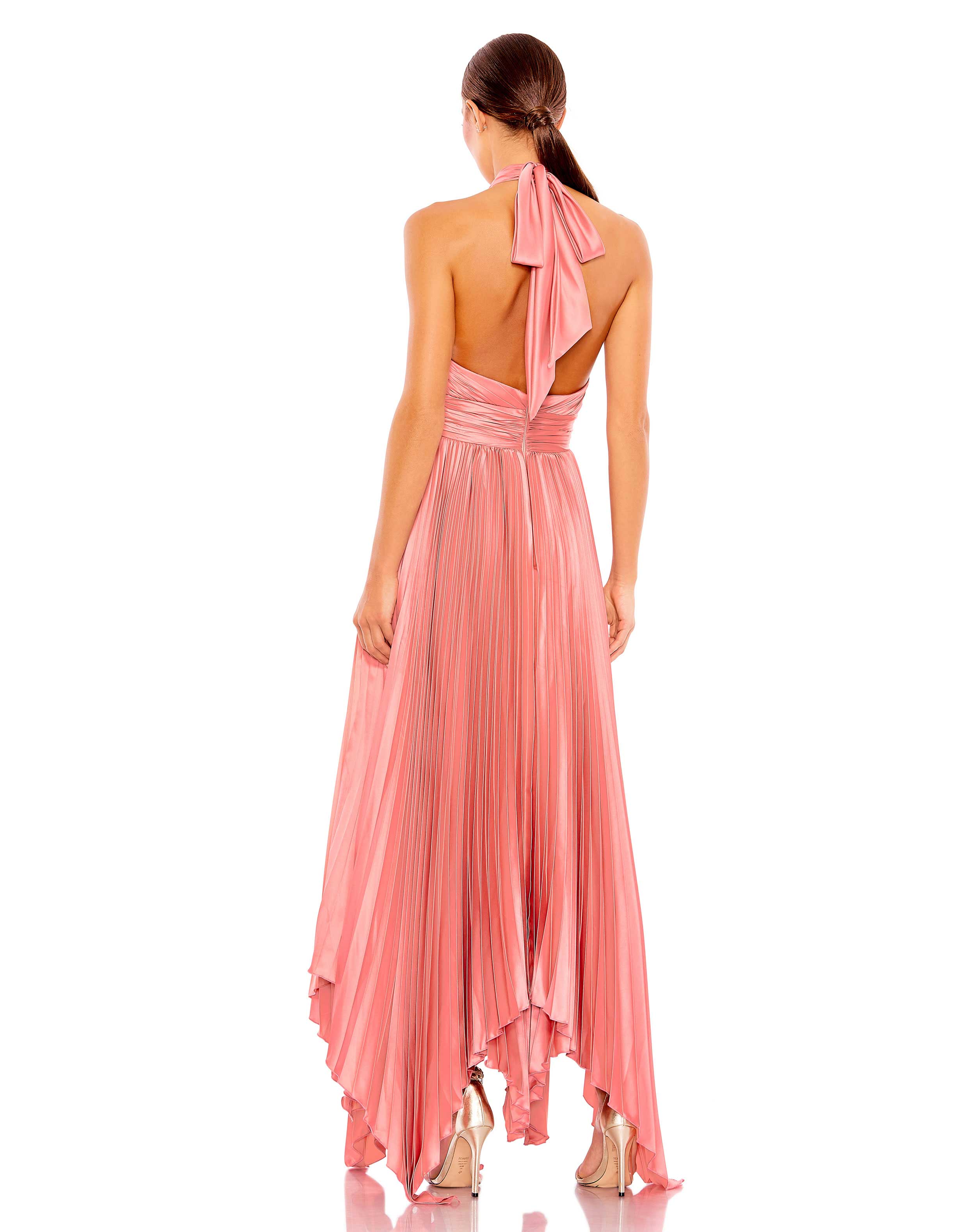 Pleated Halter Neck Asymmetrical Hem Gown – Mac Duggal