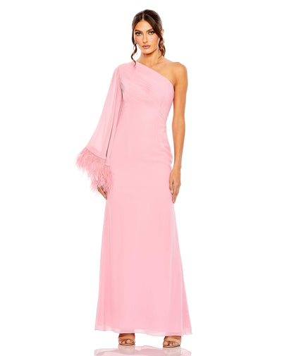 Feather Cuff One Shoulder Ruched Gown