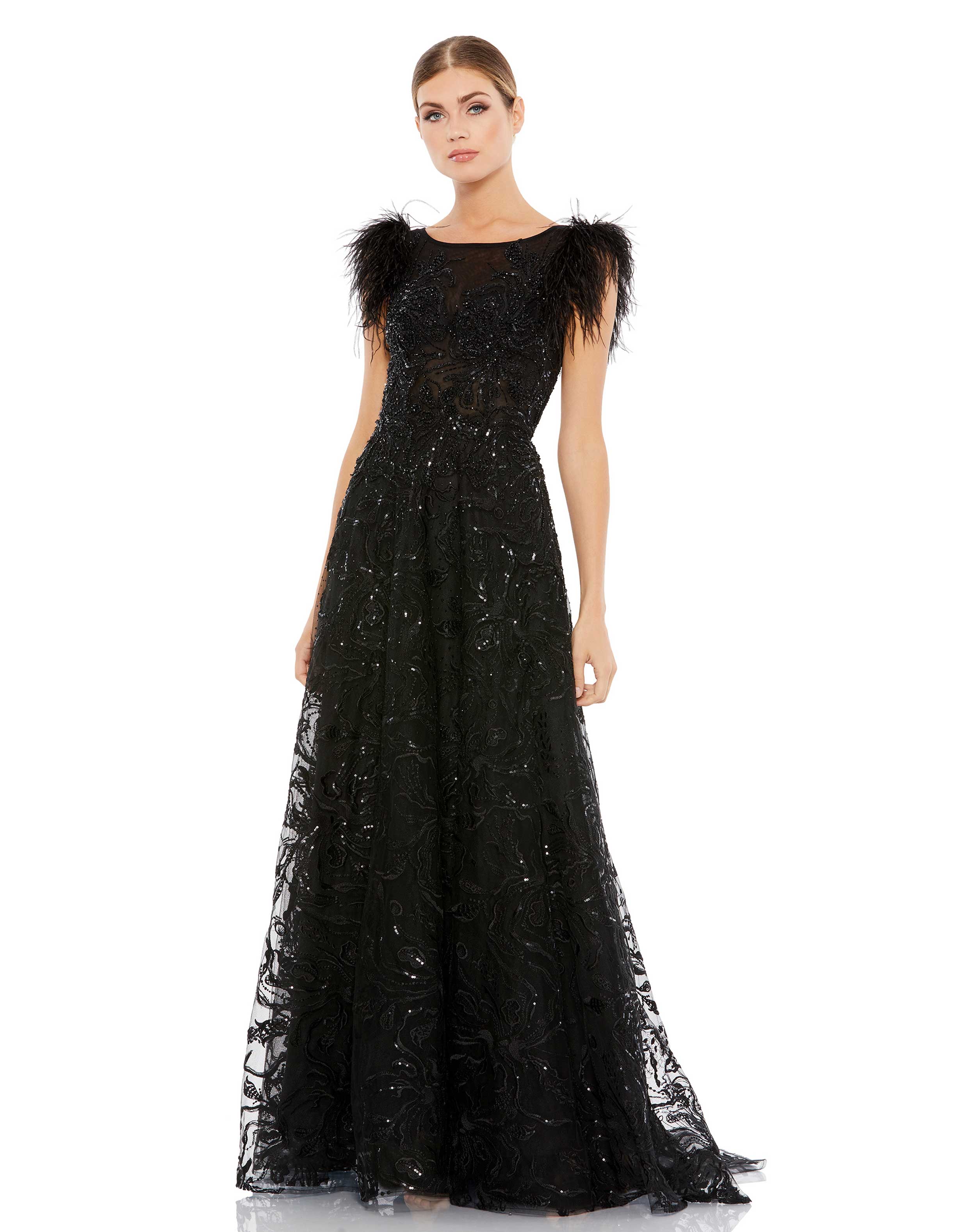 Embellished Feather Strapless Column Dress