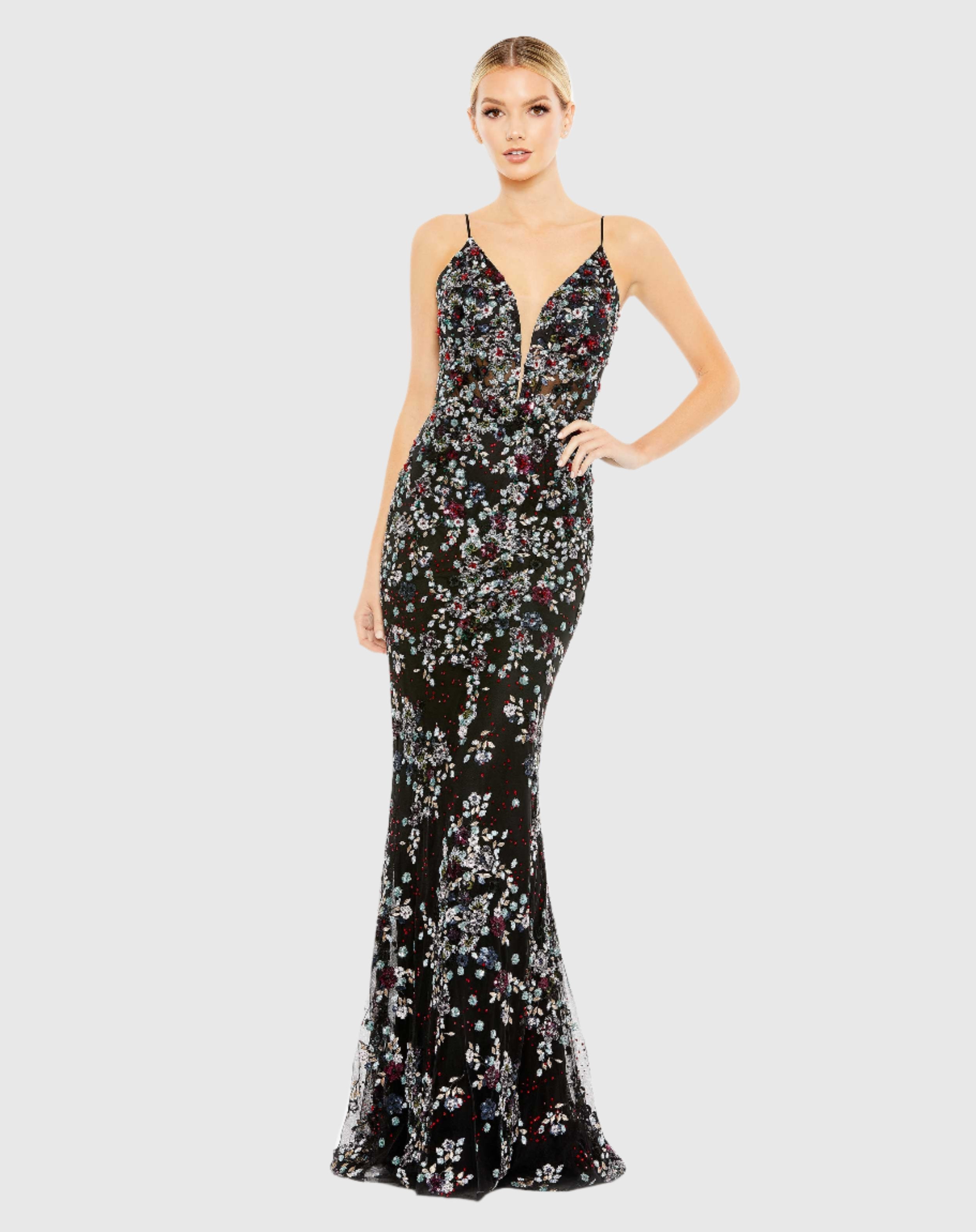 Embellished Plunge Neck Sleeveless Trumpet Gown – Mac Duggal