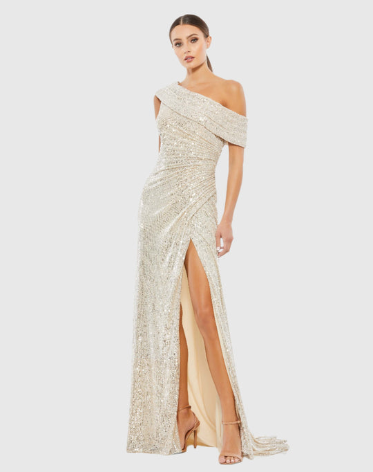 One-Shoulder Ruched Sequined Gown – Mac Duggal