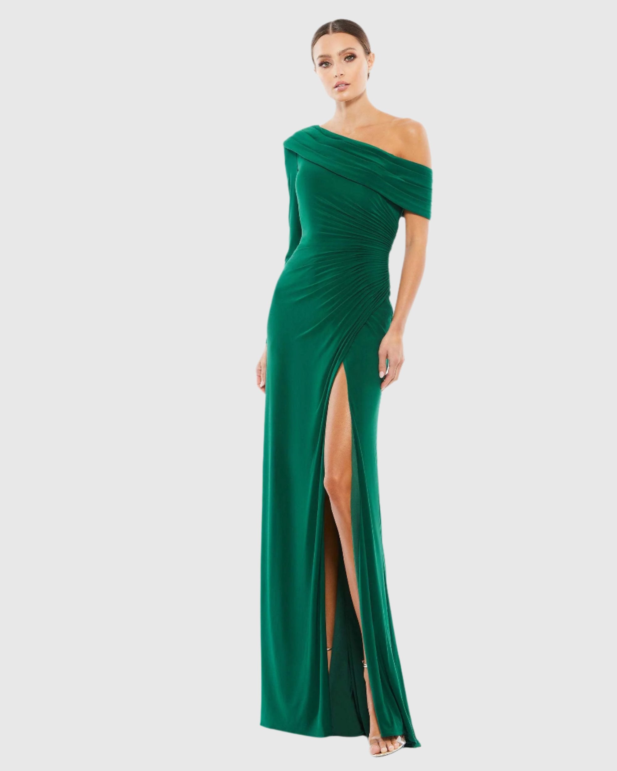 One Shoulder Ruched Jersey Evening Gown – Mac Duggal