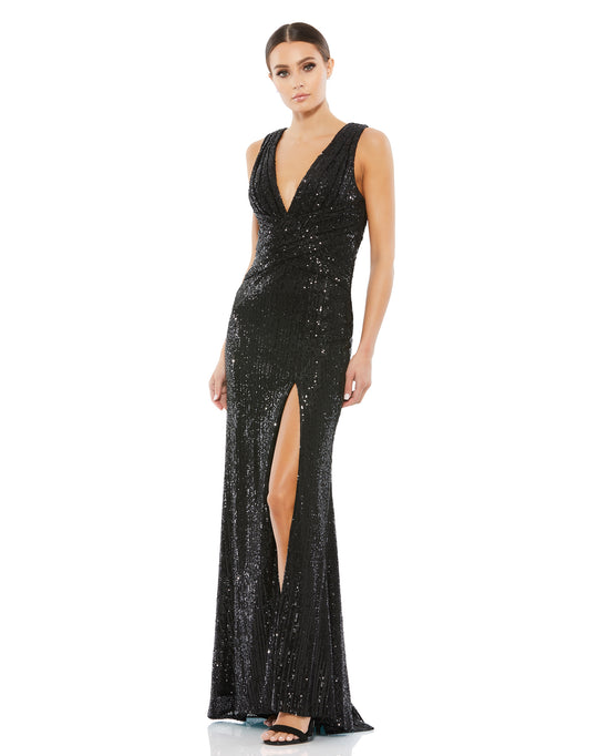 V-Neck Sequin Wrap Waist Gown – Mac Duggal