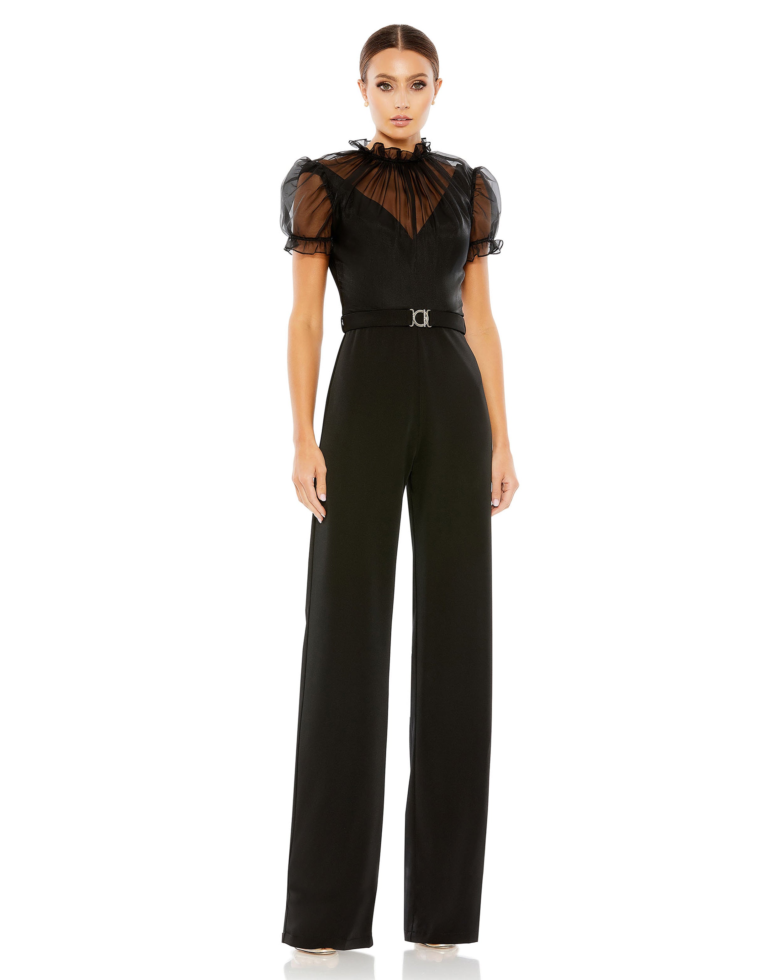 Image of Belted Illusion High Neck Cap Sleeve Jumpsuit