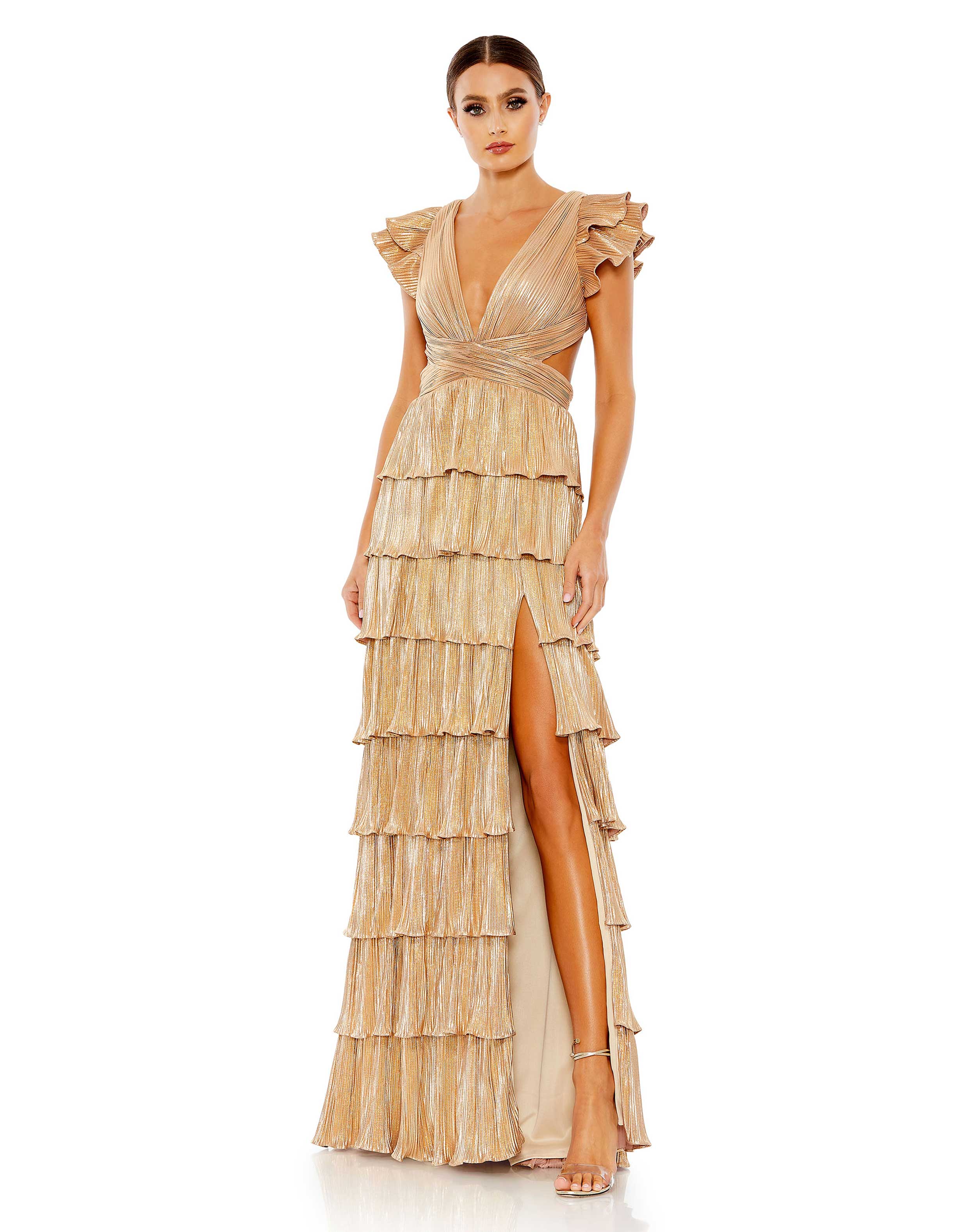 Ieena For Mac Duggal Ruffle Tiered Criss Cross Lace Up Gown In Gold ...