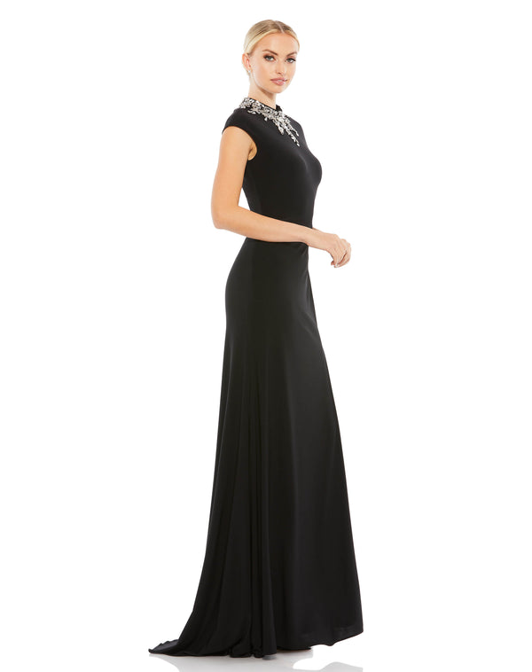 Cap Sleeve Embellished Collar Gown w/ High Slit