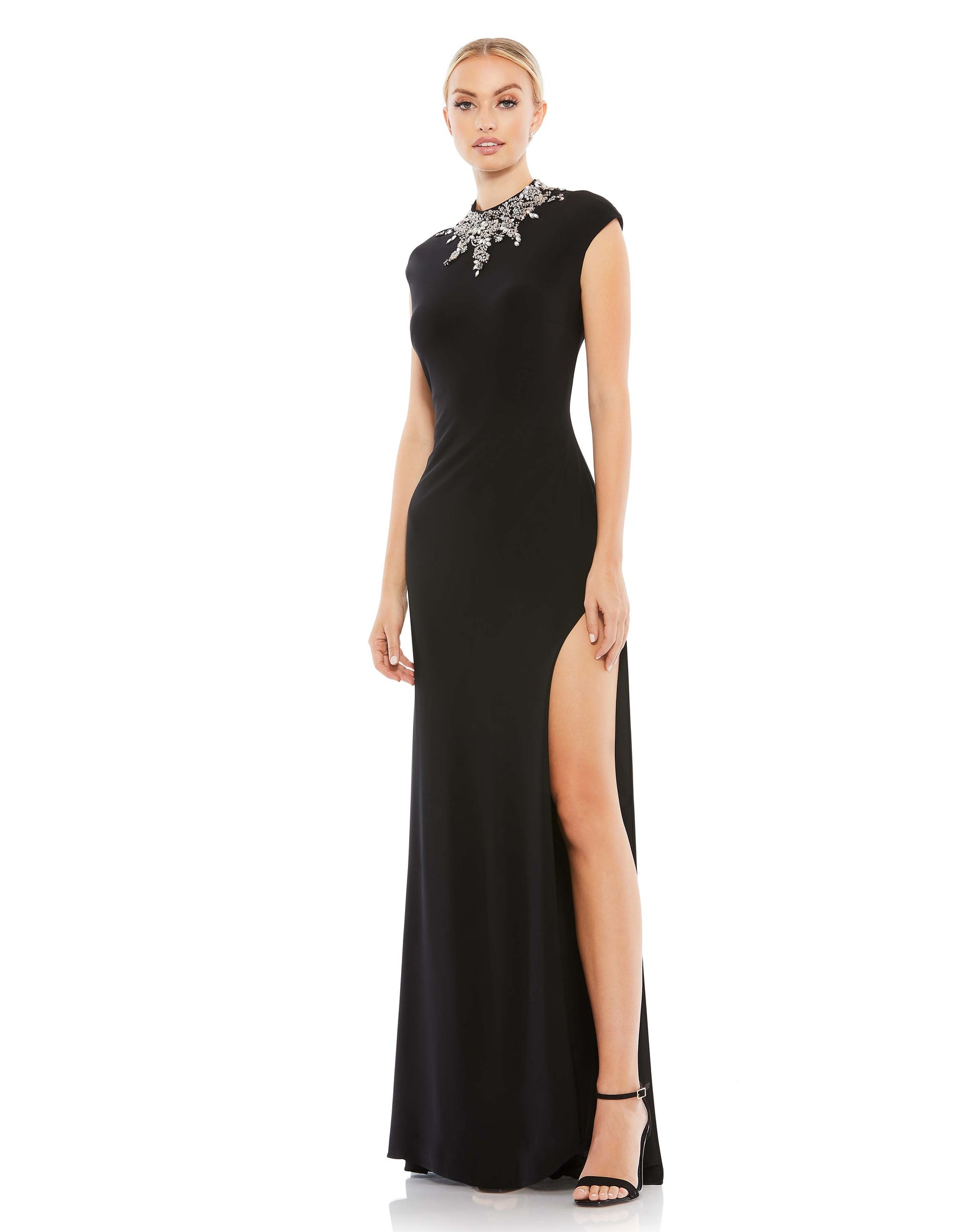 Cap Sleeve Embellished Collar Gown w/ High Slit – Mac Duggal