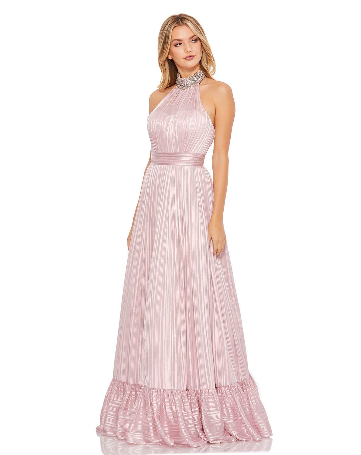 MAC DUGGAL PLEATED RUFFLE HEM JEWEL NECK HALTER GOWN