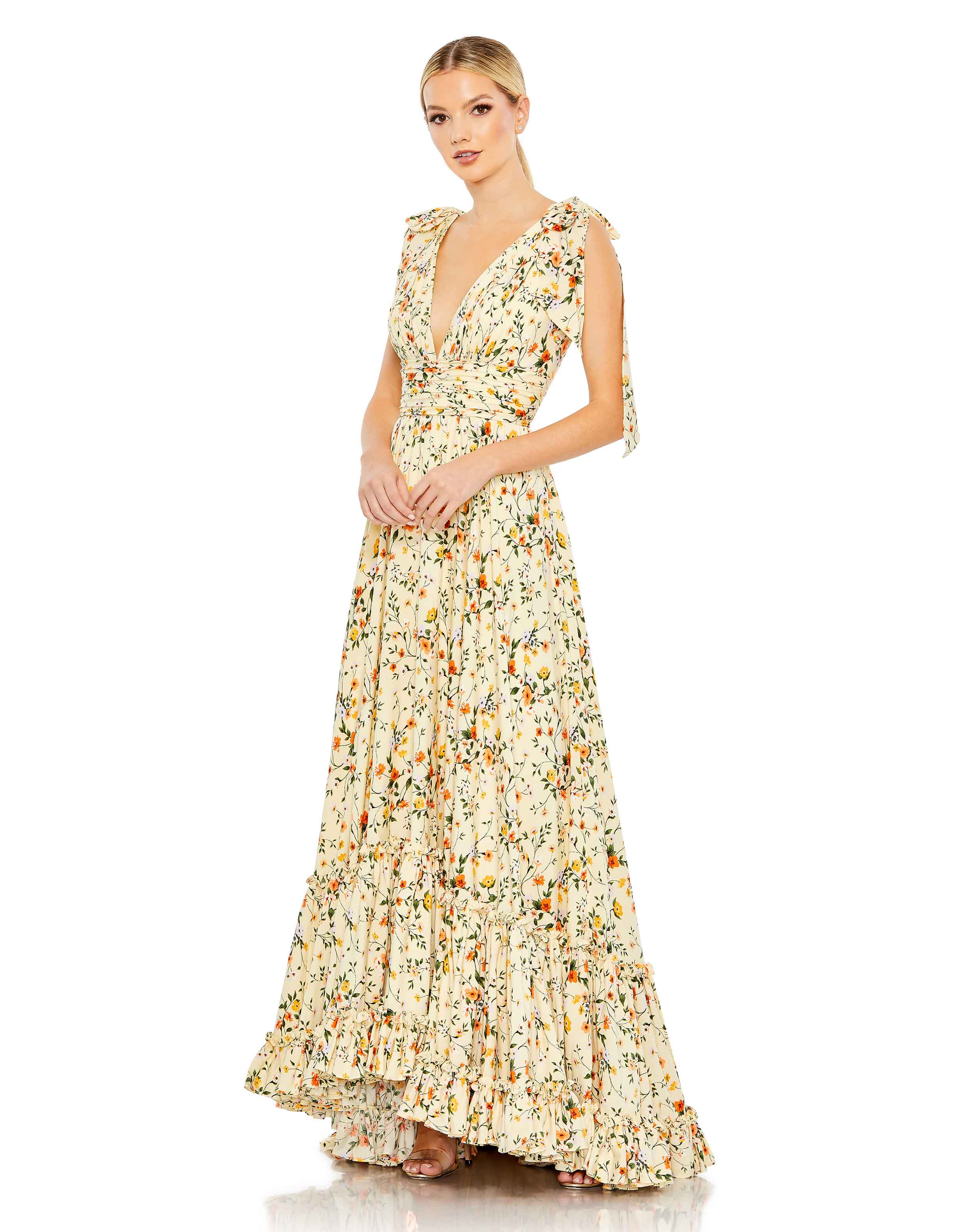 Mac Duggal Floral Print Soft Tie Sleeveless Tiered Gown In Yellow