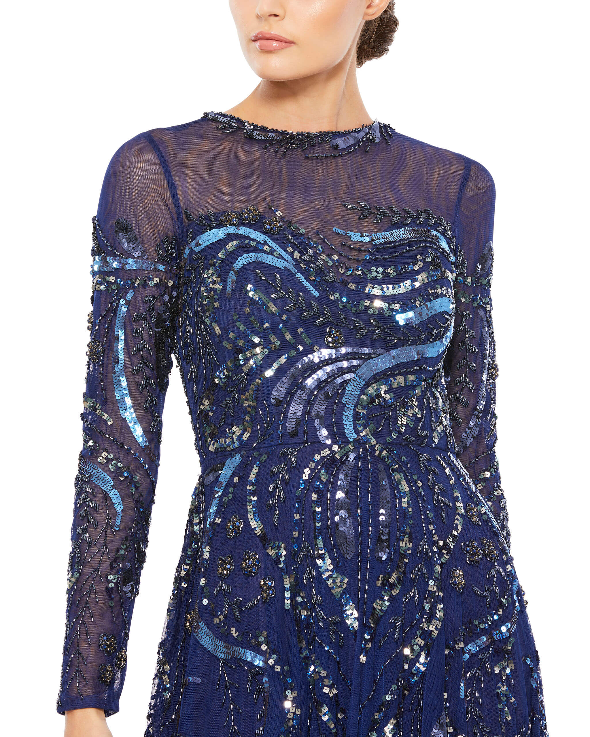 Long Sleeve Embellished Illusion Evening Gown Mac Duggal 0141