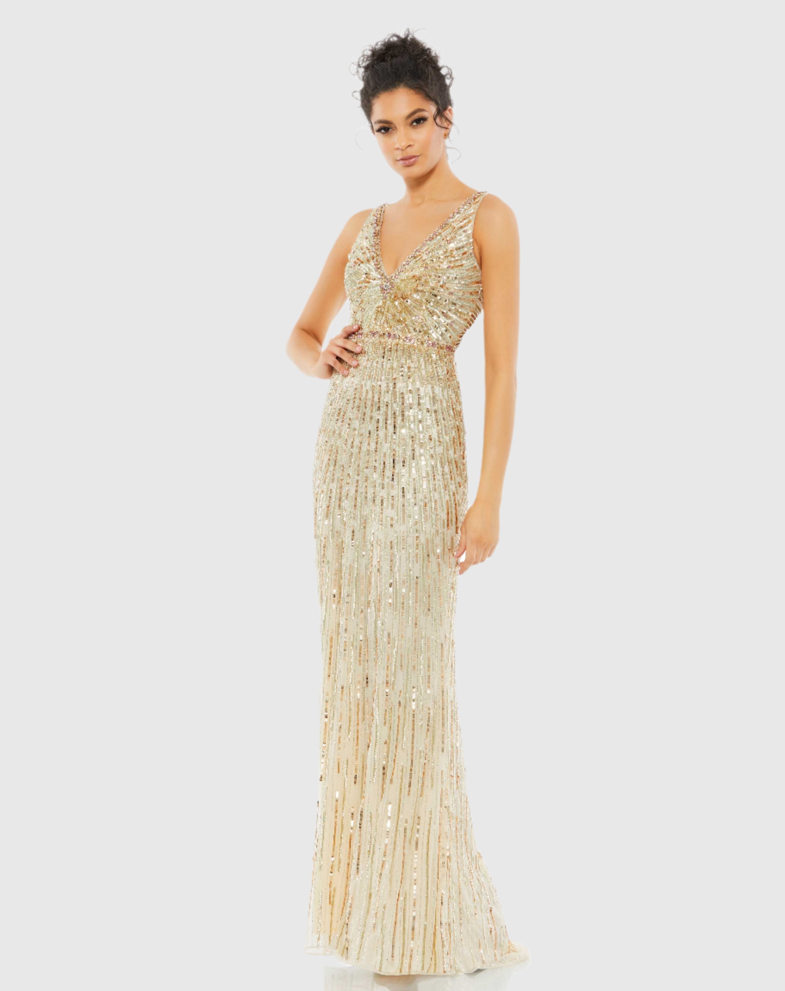 Sequined Faux Wrap Sleeveless Gown – Mac Duggal