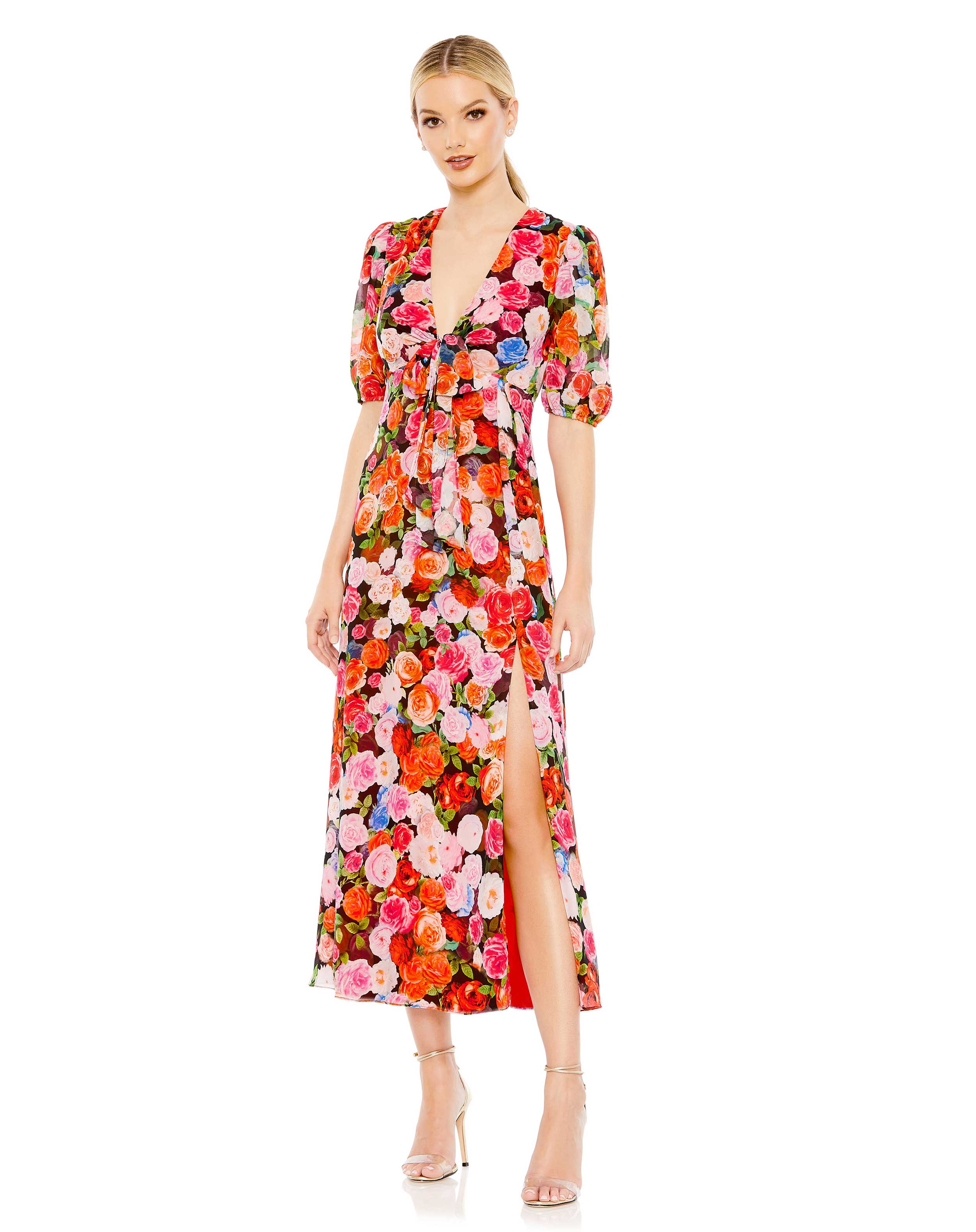 Floral Print Chiffon Puff Sleeve Tiered Hem Dress – Mac Duggal
