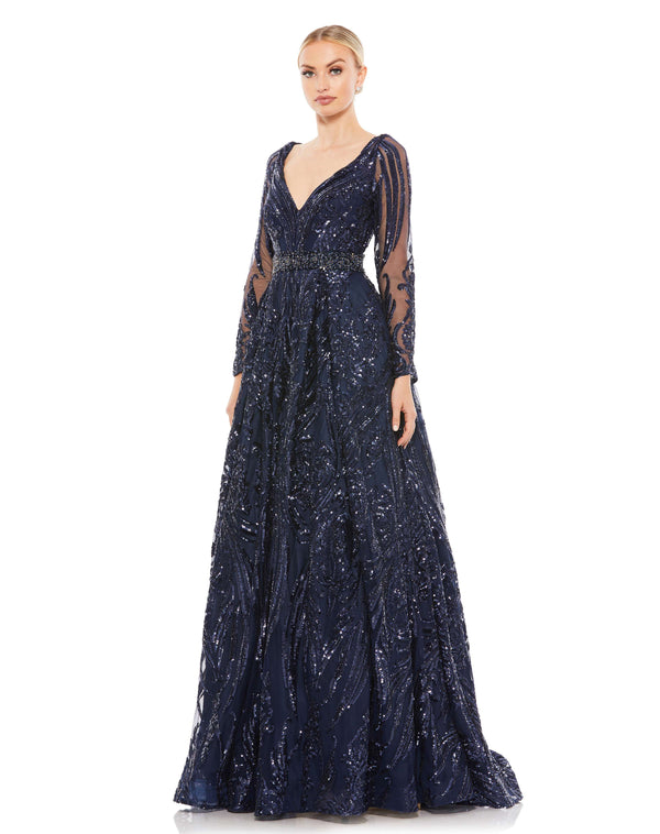 Midnight Long Sleeve Embellished Evening Gown – Mac Duggal