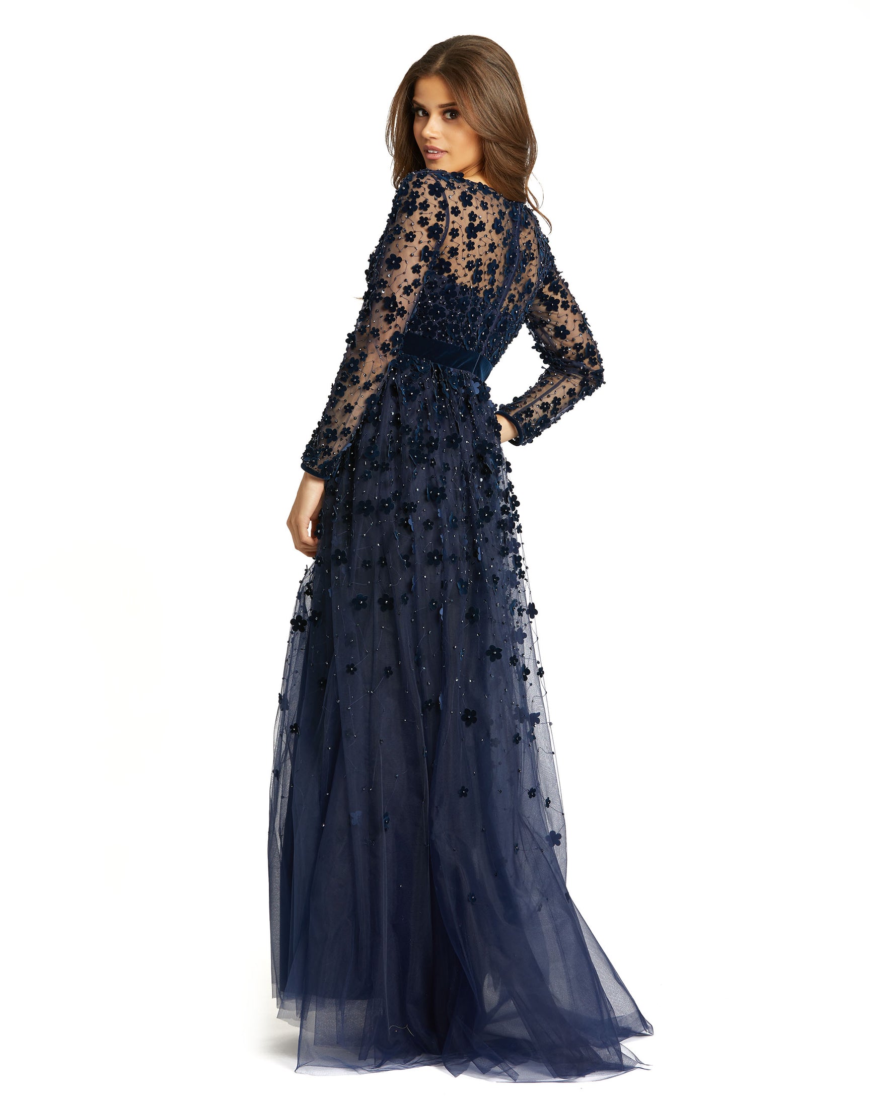 Long Sleeve A-Line Gown with 3D Floral Accents – Mac Duggal