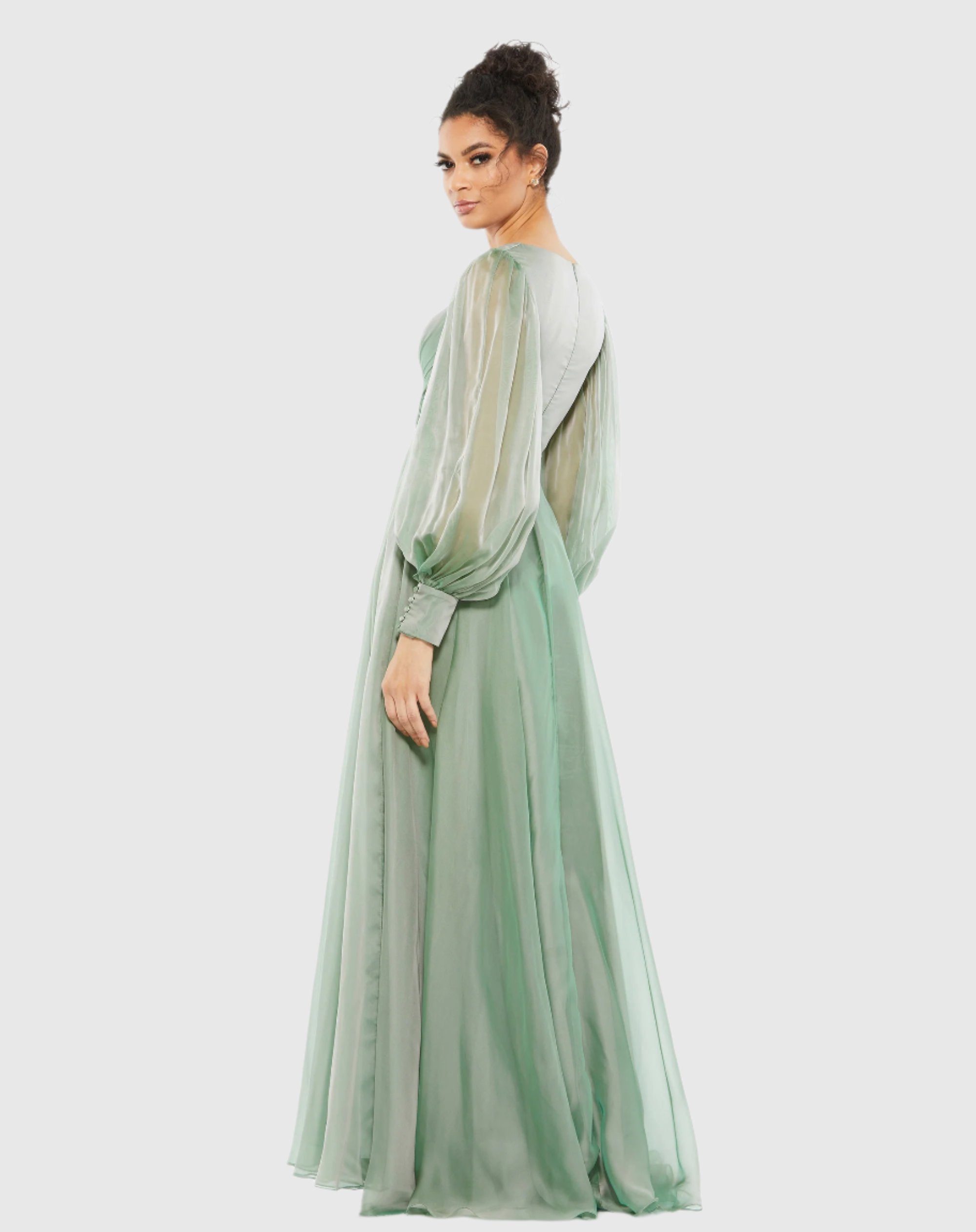 Mac Duggal Tiered A-Line Long-Sleeve Chiffon Gown