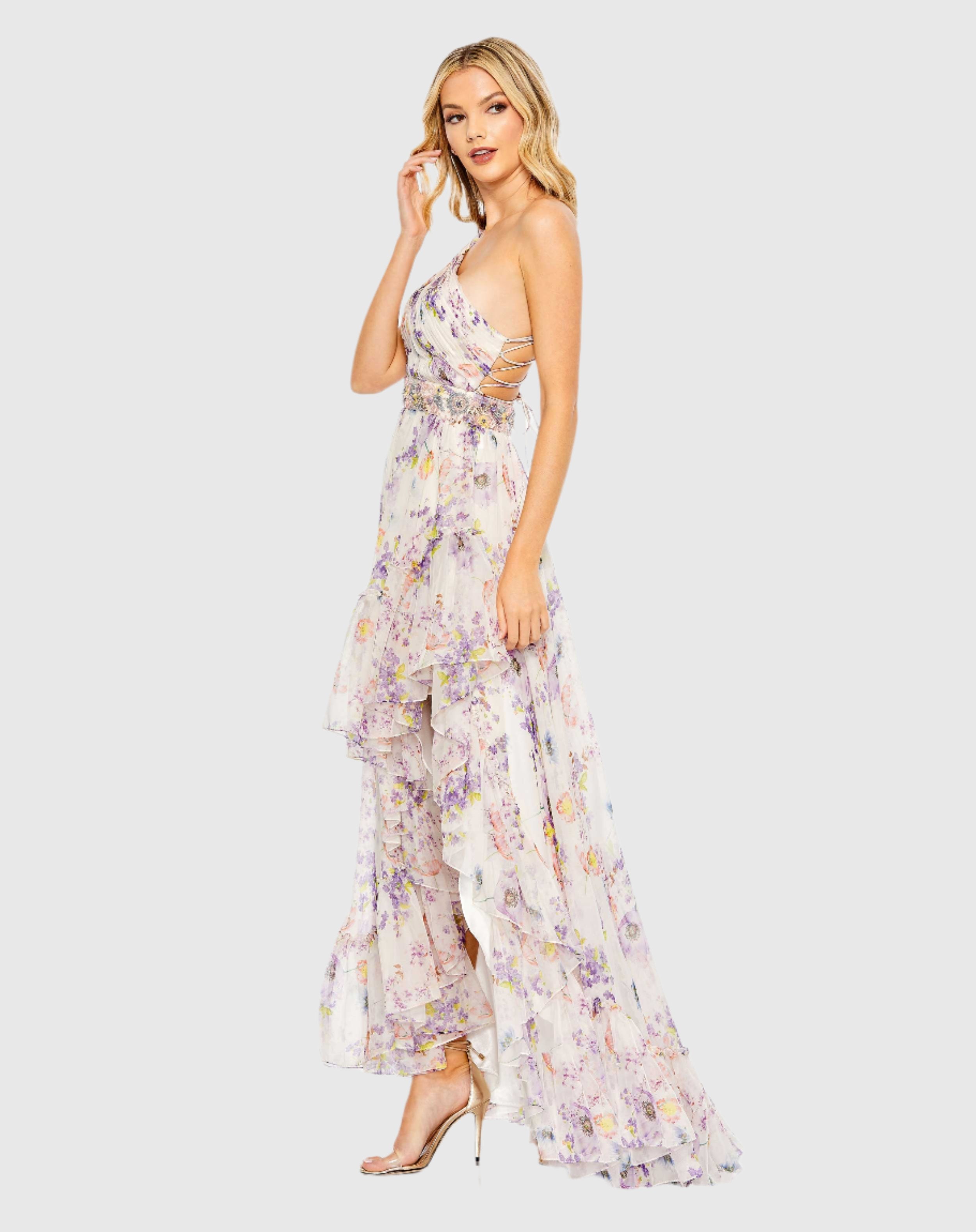 Floral Print Asymmetrical Ruffle Hem Dress – Mac Duggal