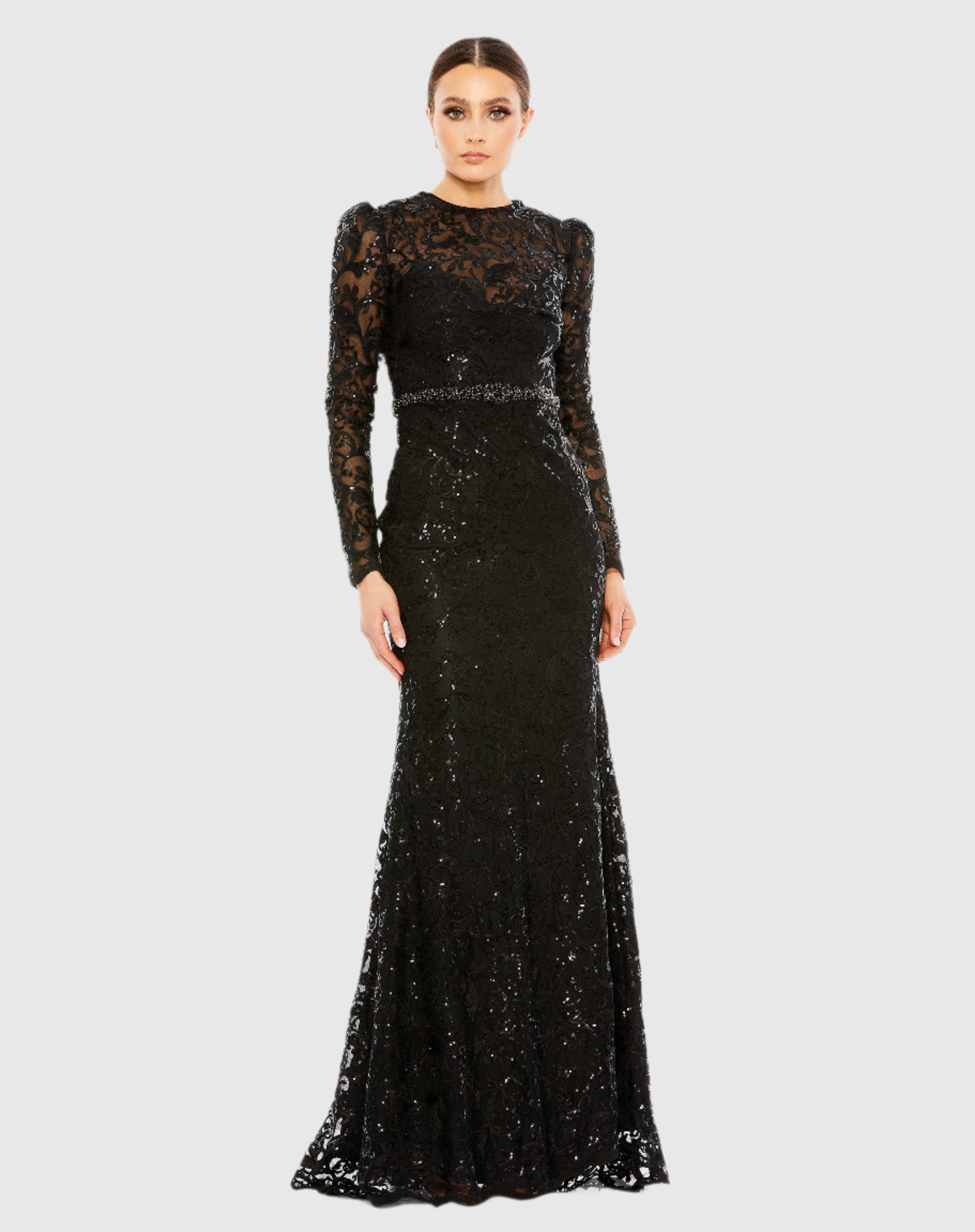 Embellished High Neck Puff Sleeve Fitted Dress – Mac Duggal