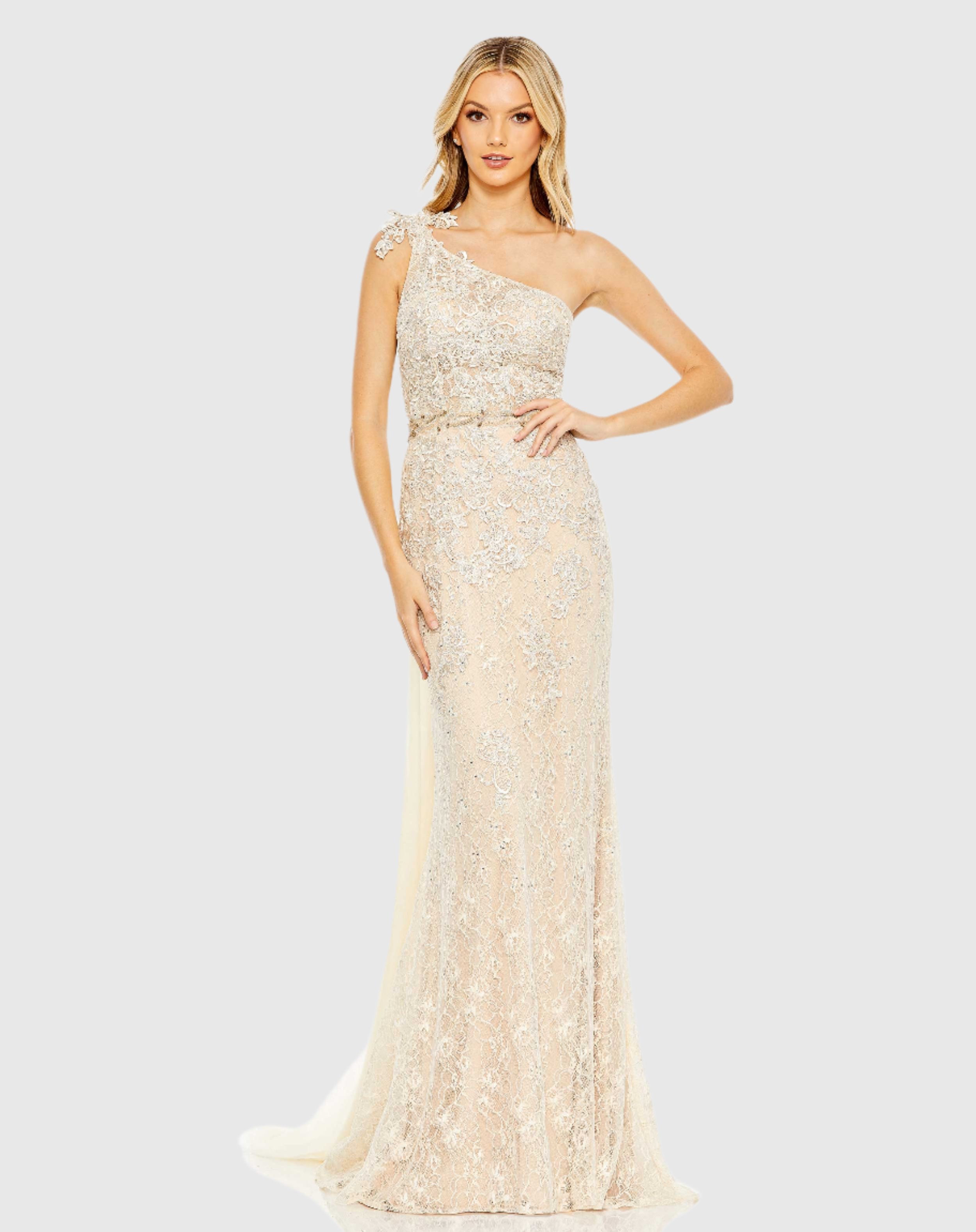 Beaded Strappy One Shoulder Petal Mermaid Gown – Mac Duggal