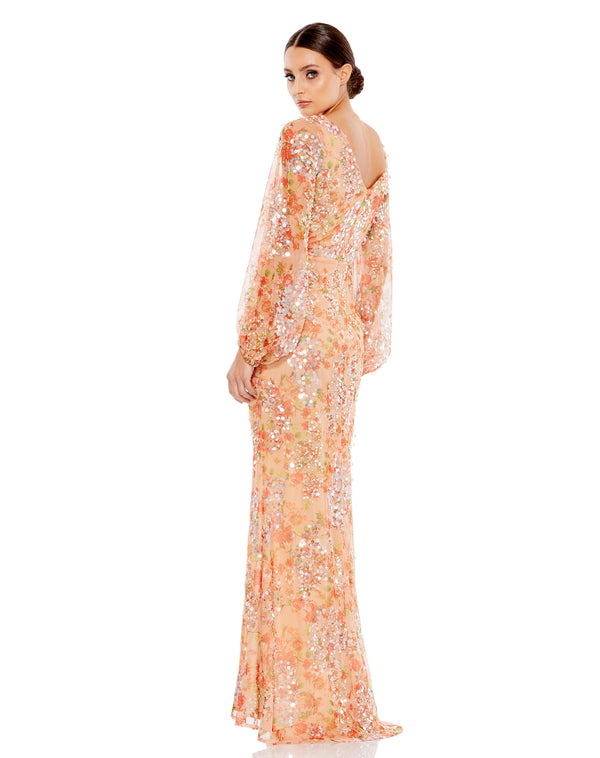 Apricot Sequined Floral Print Gown