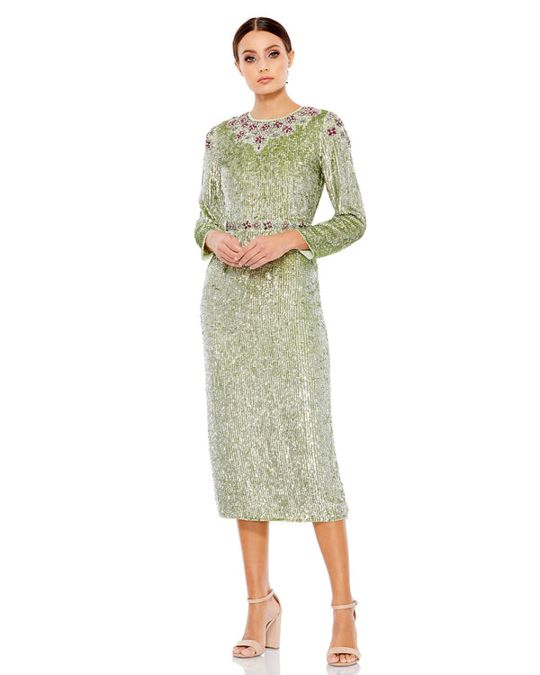 Tea-Length Dress with Floral Beading – Mac Duggal