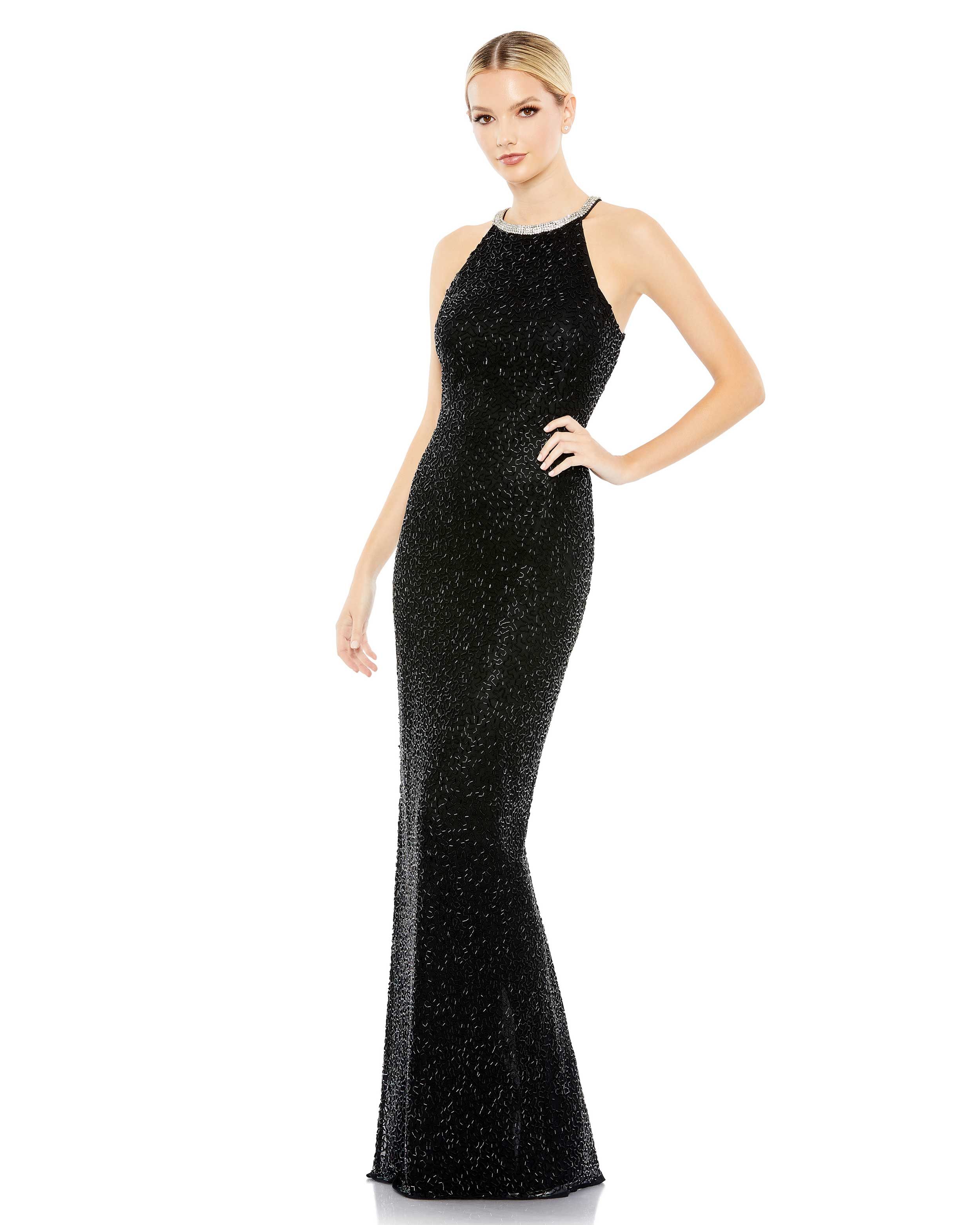 Beaded Sleeveless High Neck Cut Out Column Gown