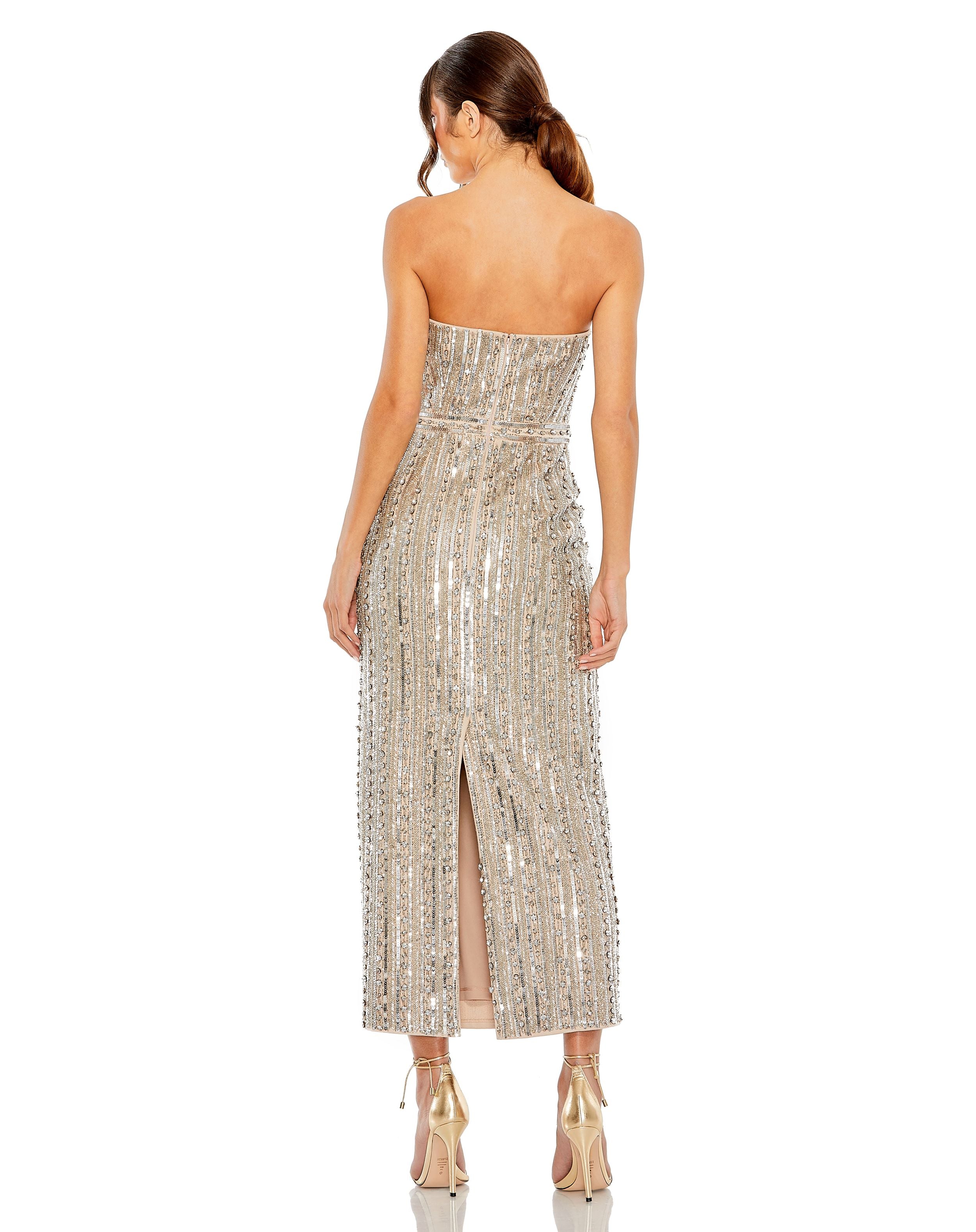 Embellished Feather Strapless Column Dress