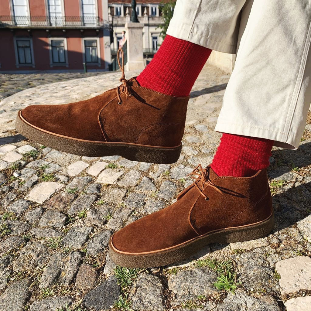 Hutton Playtime Chukkas with Red Socks and White Pants