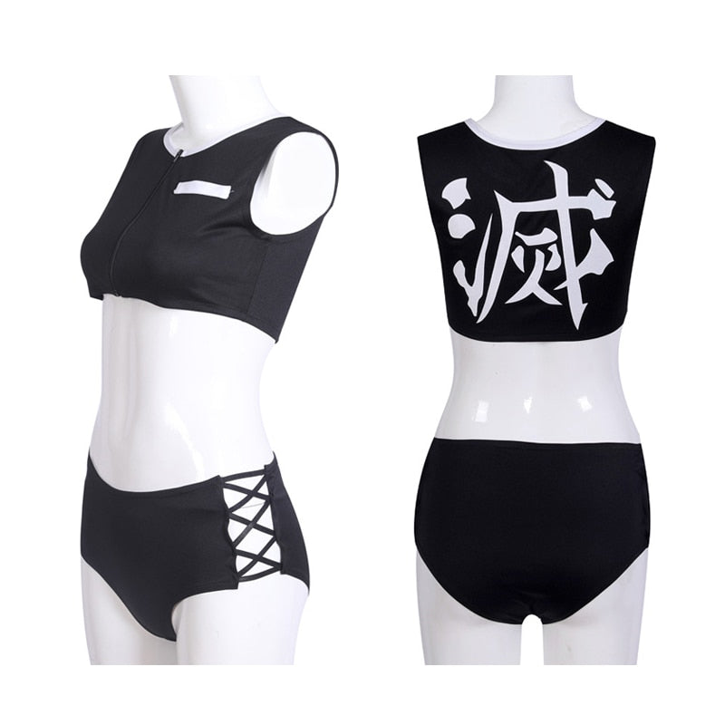 Anime Demon Slayer Two Piece Beach Swimsuit Zipper High Waist Lace Up