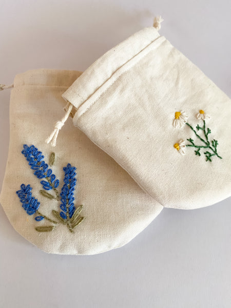tiny floral embroidery pouches - lavender and chamomile