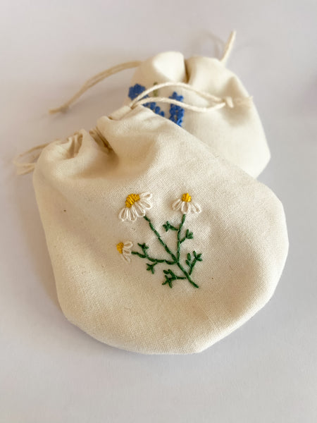 tiny floral embroidery pouches - chamomile and lavender