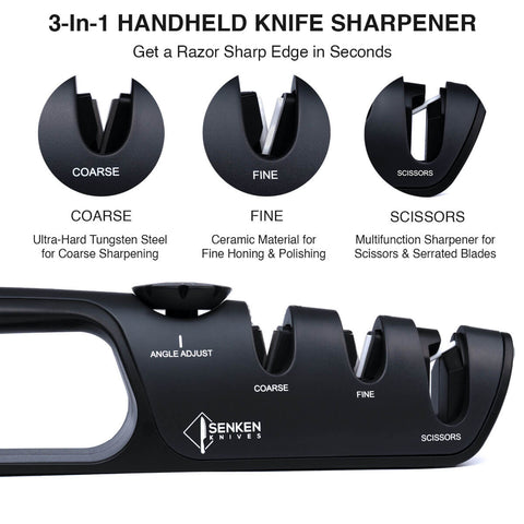 3-In-1 Handheld Knife Sharpener with Adjustable Angle Dial (14-24 degr –  Senken Knives