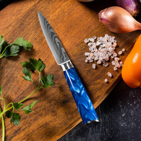 Cerulean Blue Resin Paring Knife by Senken Knives Kitchen Cutting Board