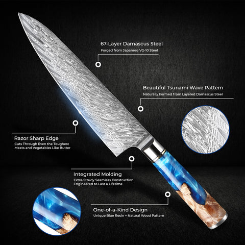 Tsunami Japanese Damascus Knife Collection Blue Resin Wood Handle 67-Layer Product Image 6