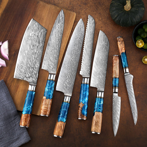 Kitchen Knives-Set Damascus Steel VG10 Chef Knife Cleaver Paring Bread  Knife Blue Resin and Color Wood Handle 1-8PCS set