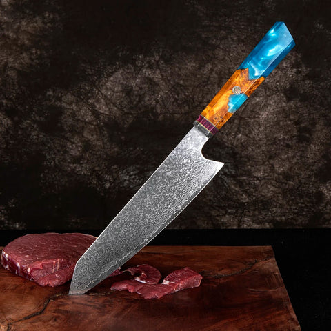 Raikiri Azure Blue Kiritsuke Knife Damascus Steel Splash 1000x1000