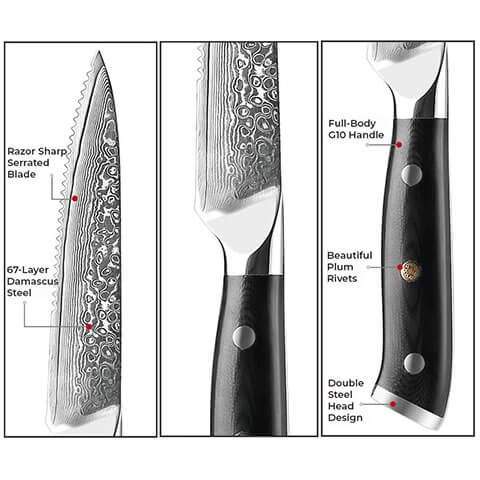 Fzkaly Steak Knives, 5 Steak Knives Set of 6, Damascus Steak Knives, Super Sharp Non-Serrated Steak Knife Set in Gift Box, Full-Tang Ergonomic