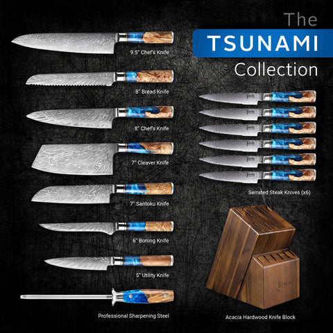 SENKEN 7-Piece Damascus Kitchen Knife Set - Tsunami Collection - 67-Layer  Japanese VG10 Steel - Chef's Knife, Cleaver, Santoku, Bread, Boning, & More