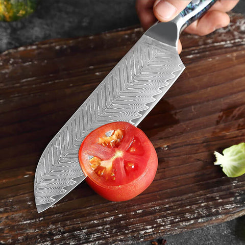 Umi Japanese Damascus Santoku Knife Razor Sharp Cutting Tomato