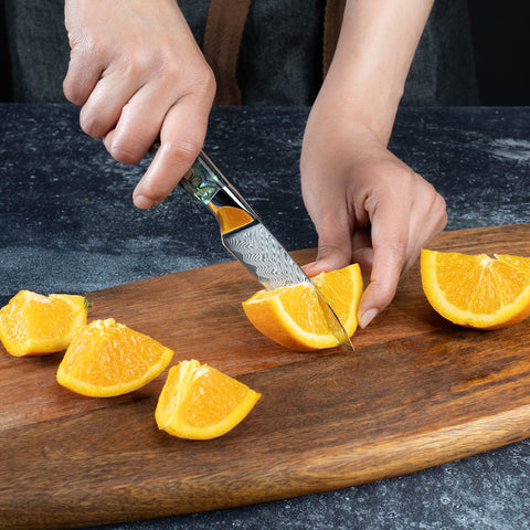 Umi 3.5" Paring Knife with Abalone Shell Handle Cutting Orange
