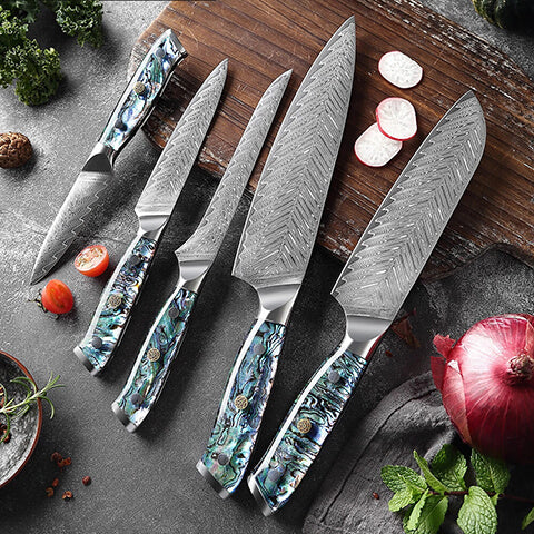 Umi Full 5-Piece Japanese Damascus Steel Knife Collection on Cutting Board