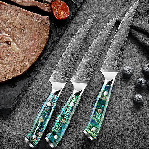 Umi Japanese VG10 Damascus Steel Steak Knife Set - Abalone Shell Han –  Senken Knives