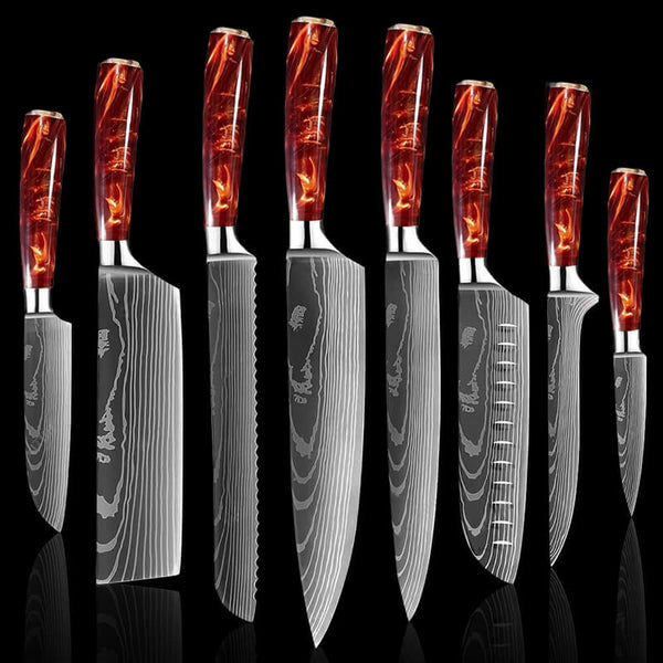 Crimson Red Damascus Pattern Knife Block Set 8-Piece Chef Knives